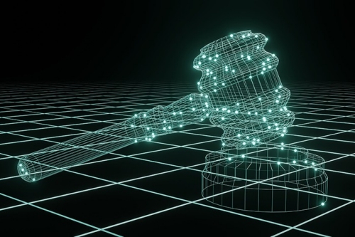 A computer engineered gavel hits a 3d grid to demonstrate the mix of law and engineering