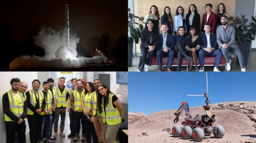 Mosaic of four student-led engineering projects and teams at Concordia, featuring a rocket launch, student society group photo, industrial site visit, and a Mars rover prototype in the desert.