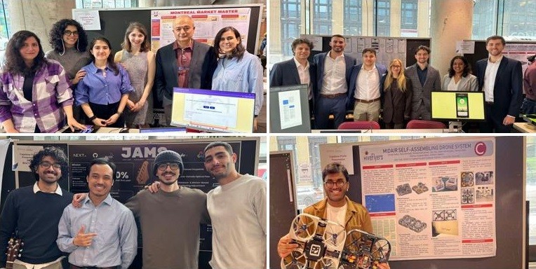 Collage of four images of people standing in front of engineering projects