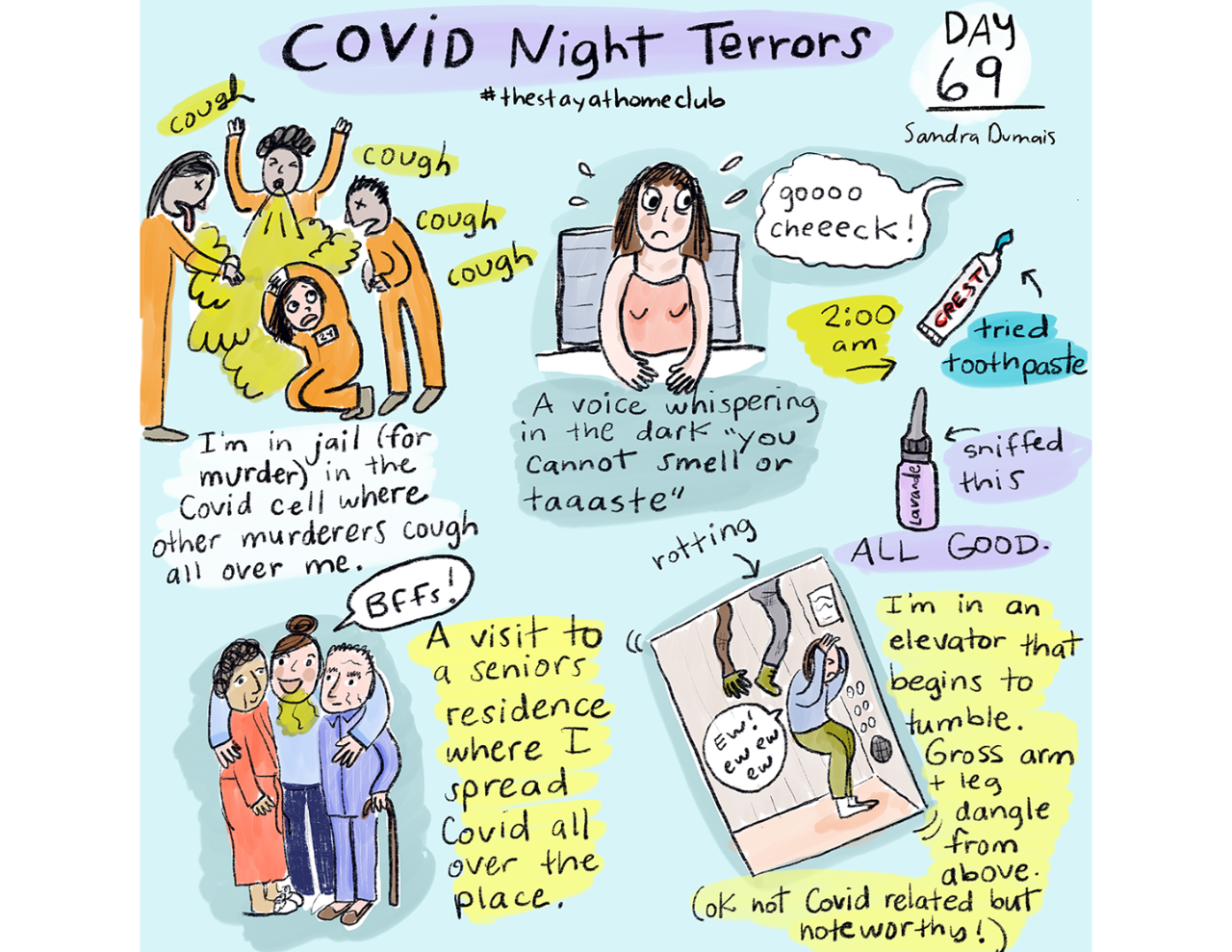 A comic titled “COVID Night Terrors” features drawings of different scary scenarios related to the COVID-19 pandemic.