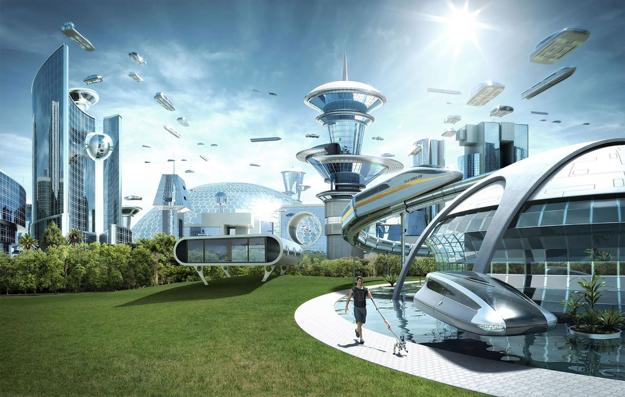 A man walks a dog on a leash in the foreground of a futuristic cityscape complete with tall glass buildings, green spaces and dozens of flying vehicles in the sky.