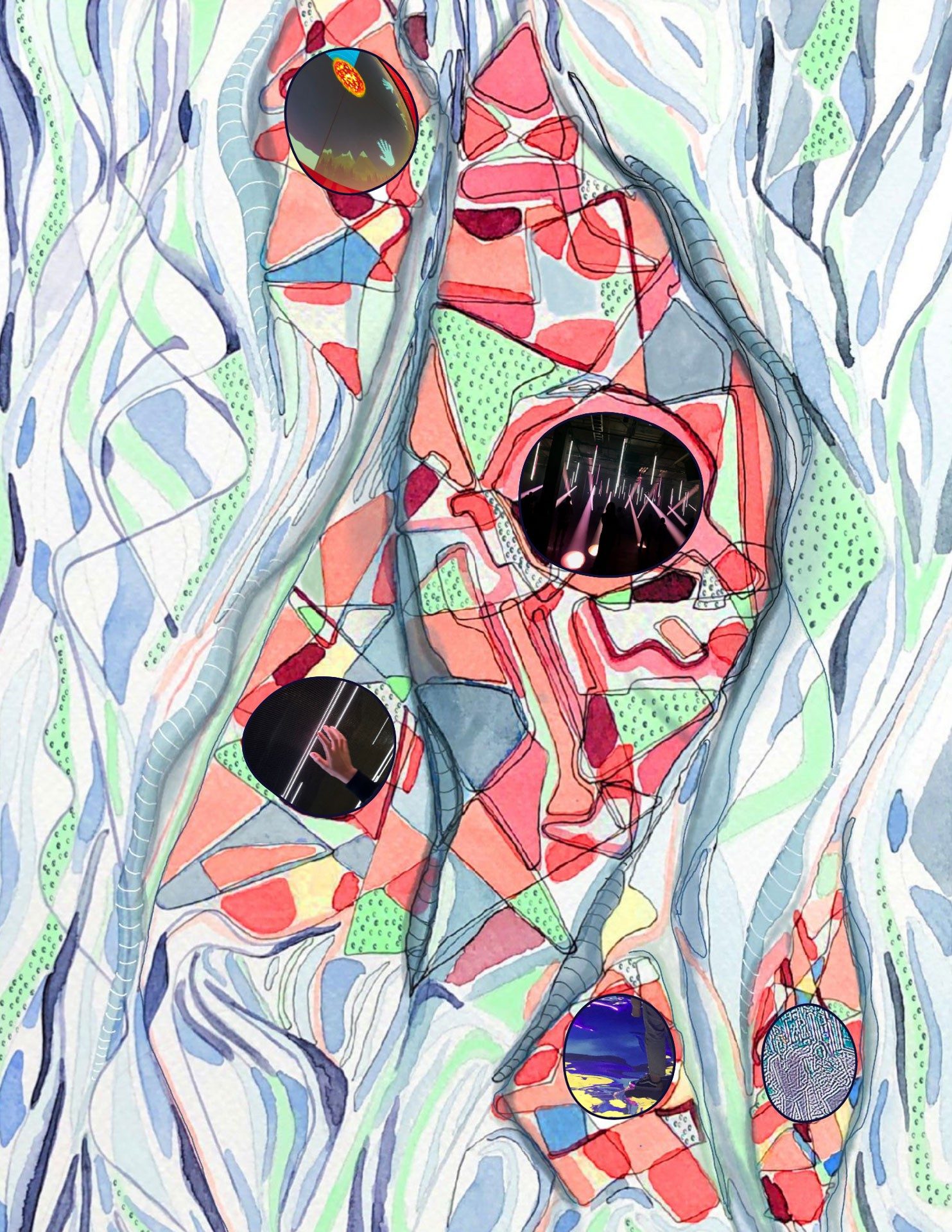 A mixed-media collage illustrating a flowing river in an abstract style. The river contains five photos of various interactive installations.