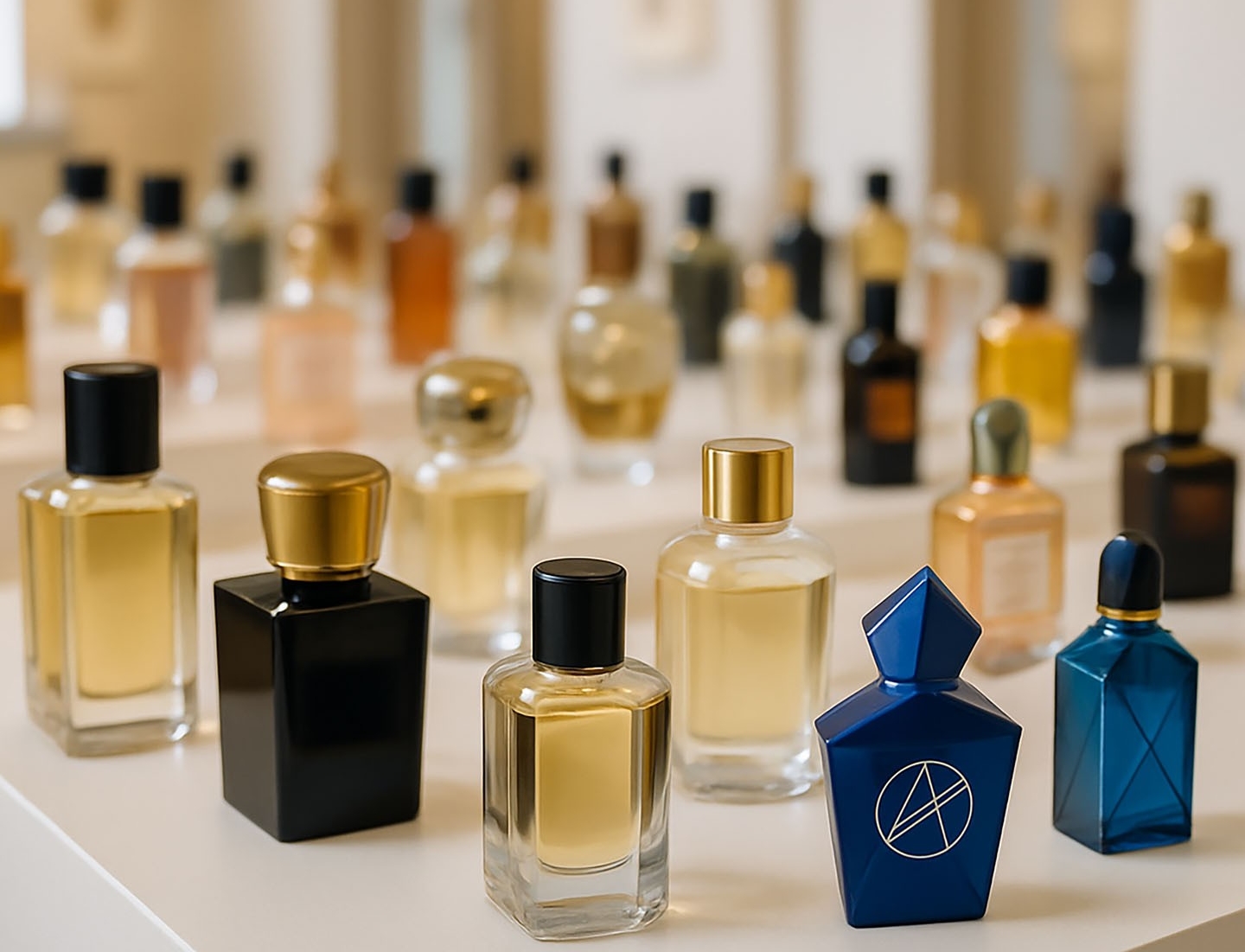 An array of perfume bottles spread on an table in an art gallery.