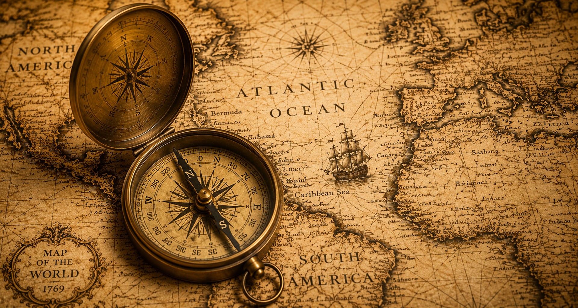 A brass compass resting on a vintage 1769 world map, with North America, South America, and the Atlantic Ocean visible in the background.
