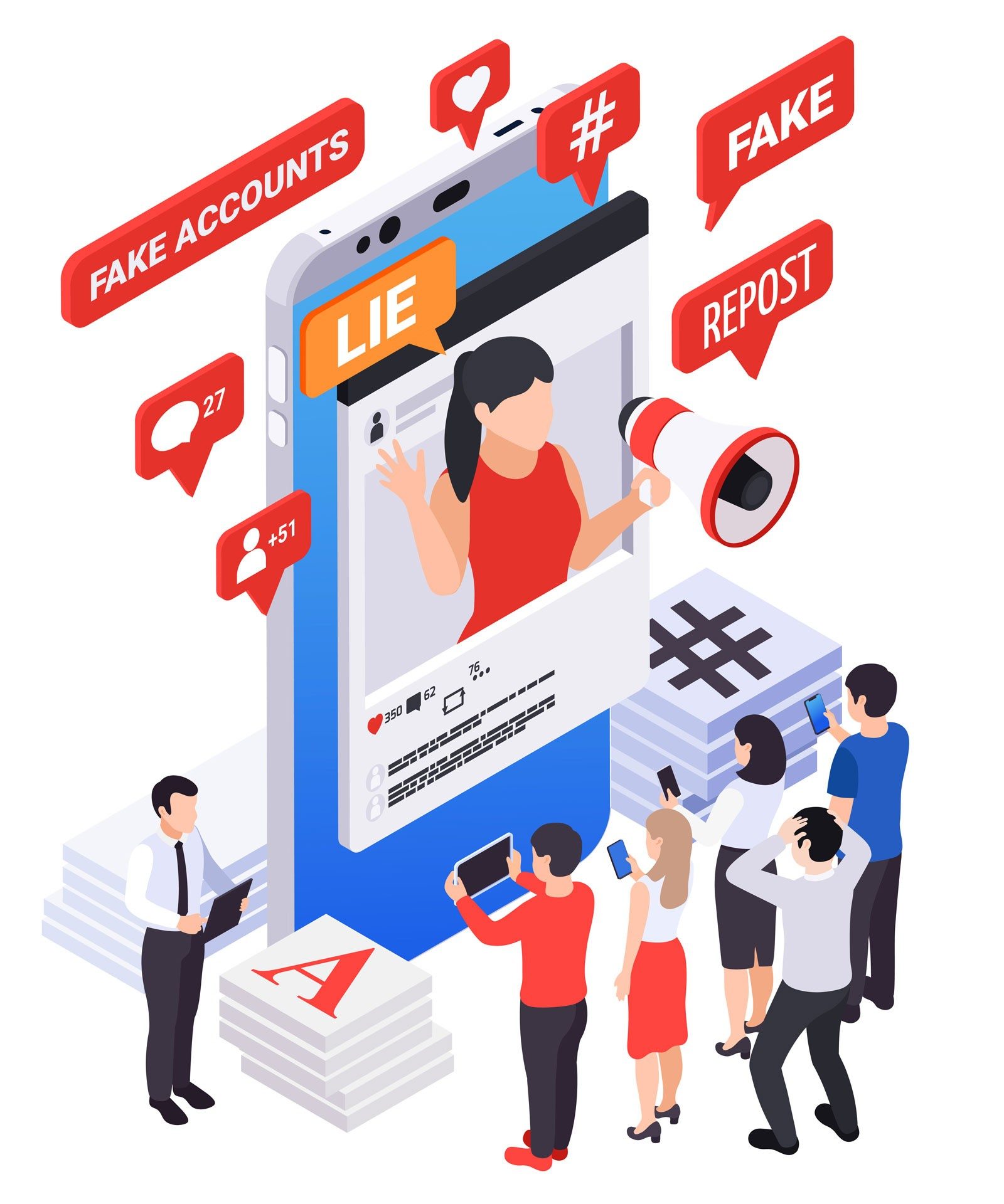 A large smartphone displays a woman holding a megaphone with the speech bubble 'LIE' adjacent to her. Surrounding are heart icons and speech bubbles including 'FAKE' and 'REPOST'.