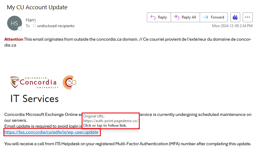 An example of a phishing attempt email