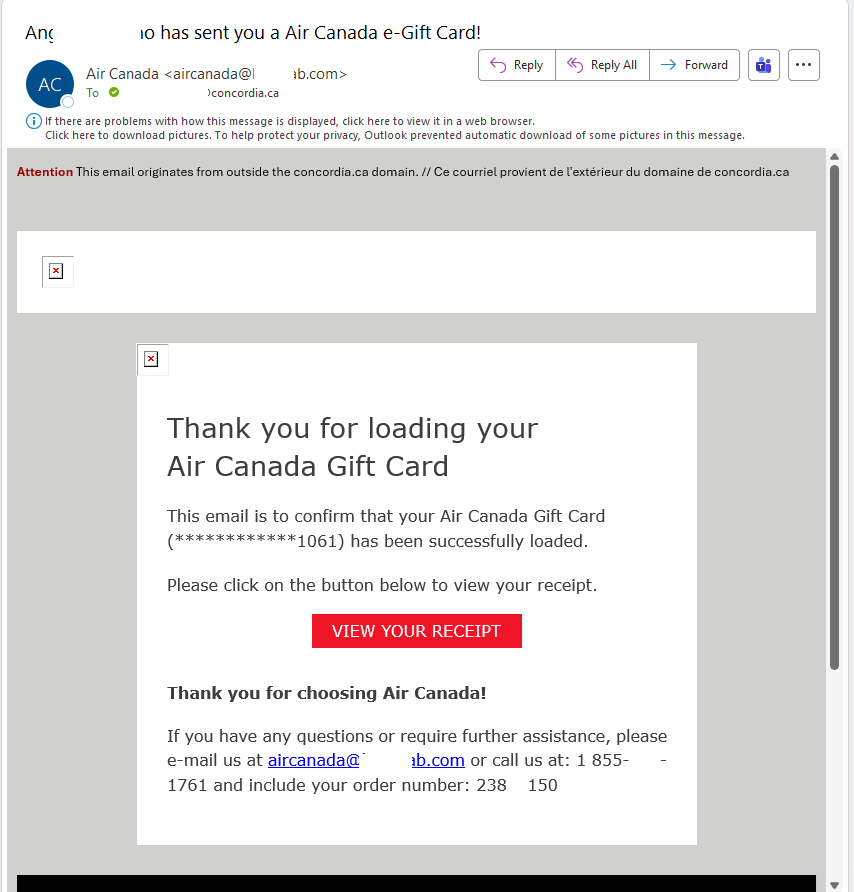 An example of a phishing attempt email