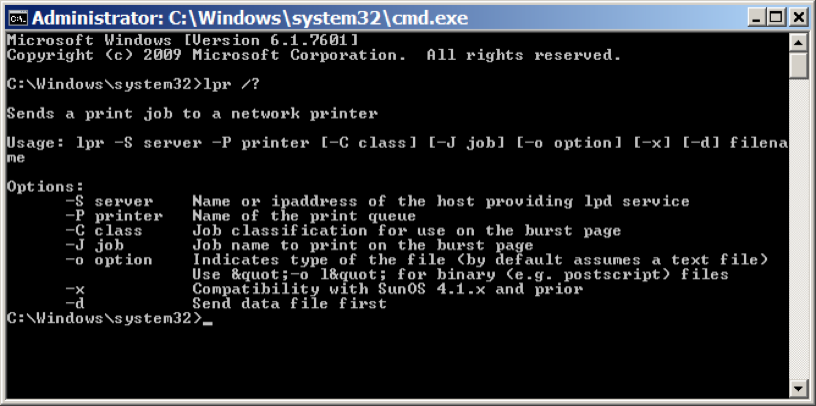 using the Windows command prompt to verify that the lpr is enabled