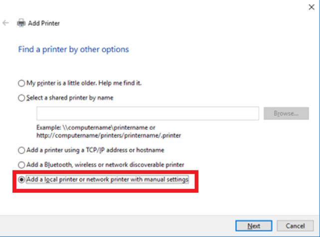 elect Add a local printer or network printer with manual settings, then click “Next”