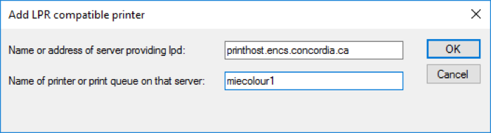 Choose lpd server: printhost.encs.concordia.ca then enter the Name of the printer