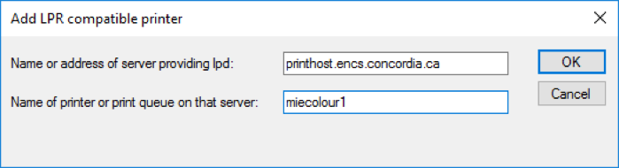 Choose lpd server: printhost.encs.concordia.ca then enter the Name of the printer Choose lpd server: printhost.encs.concordia.ca then enter the Name of the printer