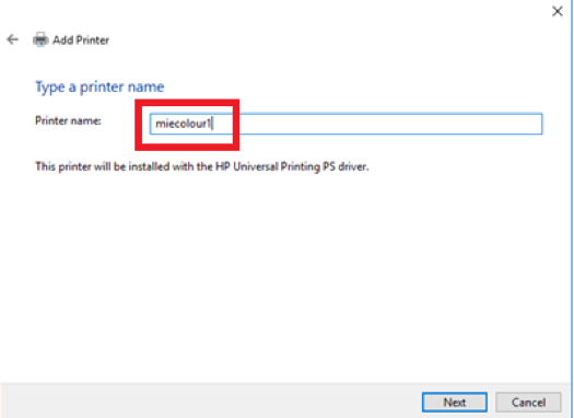 enter the printer name, then click Next