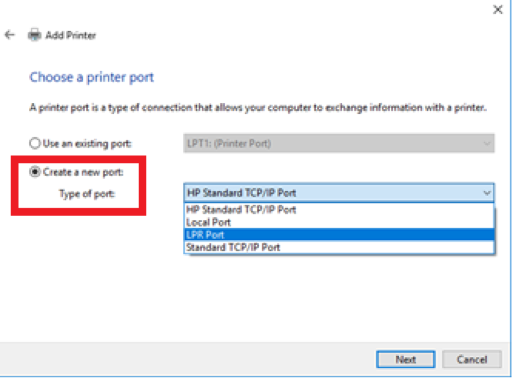 create a new LPR port then click Next