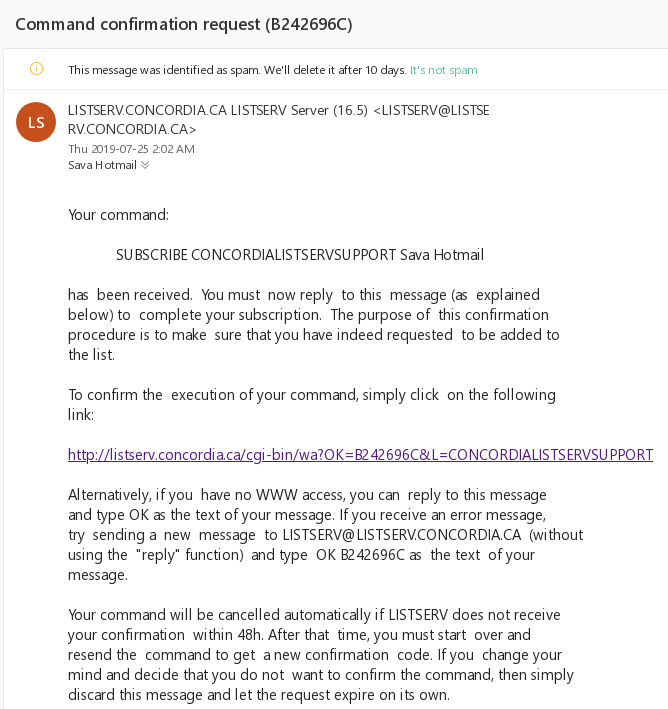 Screen capture of an automated email containing a confirmation link Screen capture of an automated email containing a confirmation link