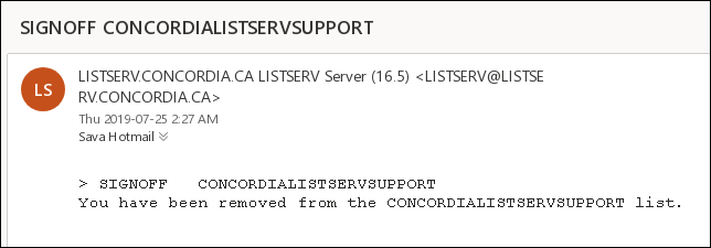 Screen capture of an automated email confirming removal from a list
