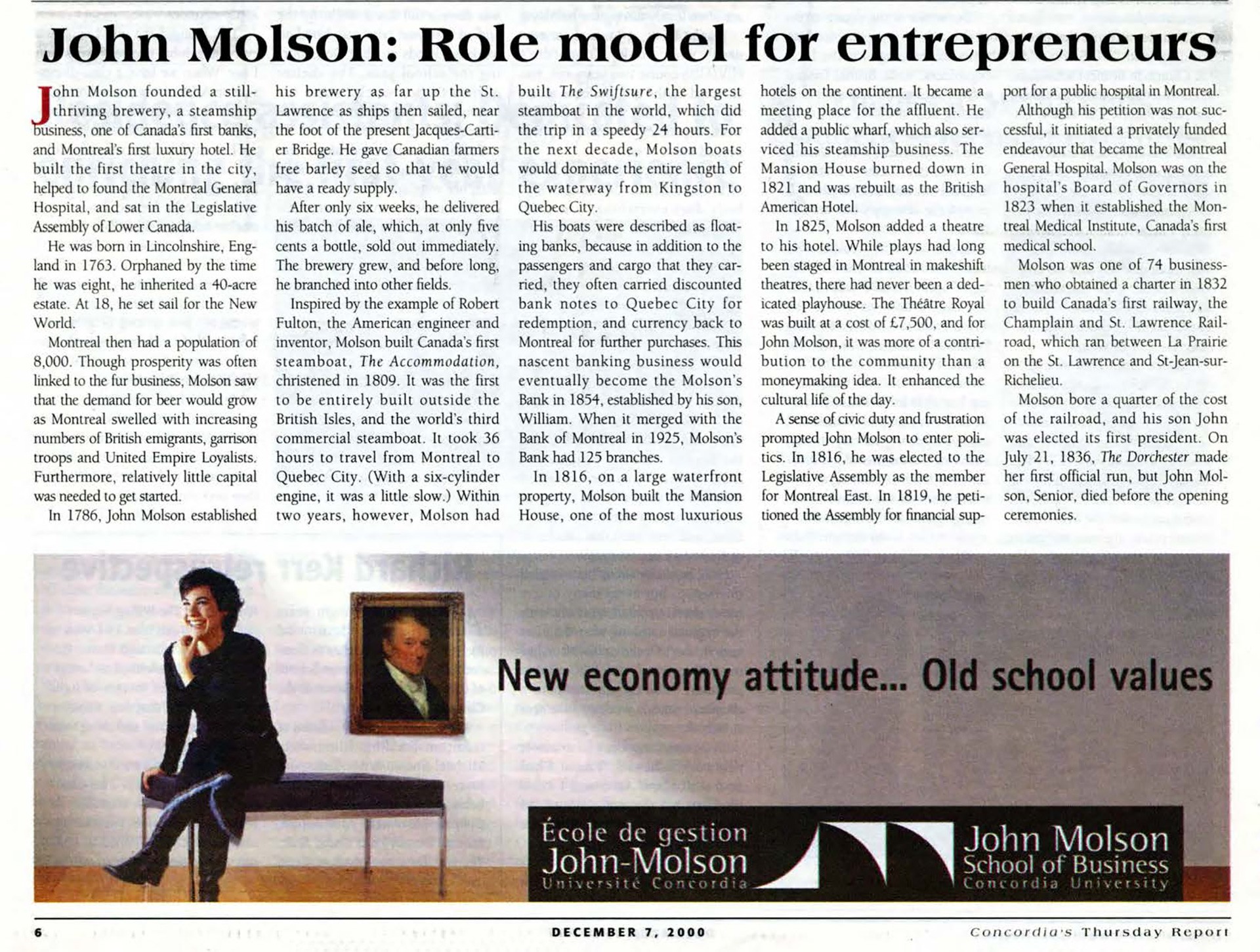 John Molson: Role model for entrepreneurs, Concordia's Thursday Report, December 7, 2000