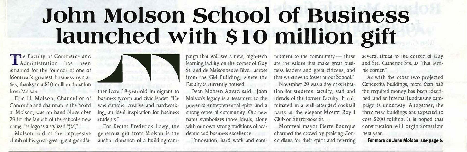 Newspaper article: John Molson School of Business launched with $10 million gift