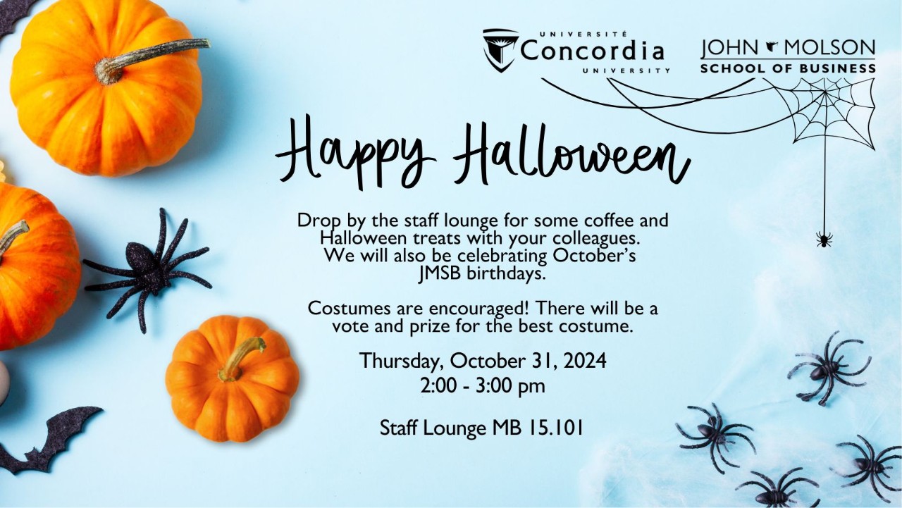Drop by the staff lounge for some coffee and Halloween treats with your colleagues. Costumes are encouraged! Tuesday, October 31, 2023 from 2 to 3 p.m. in the staff lounge MB 15.101