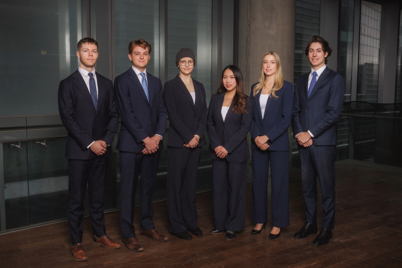 6 professionals in suits standing in a row.