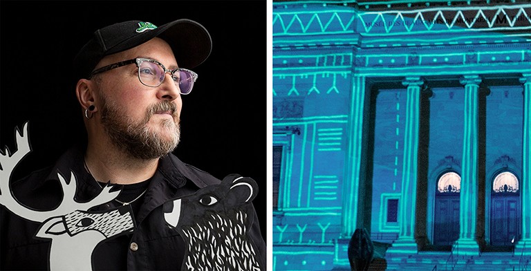Diptych image of a man with glasses and a trucker's cap on the left, and on the right, an art light installation on a city building