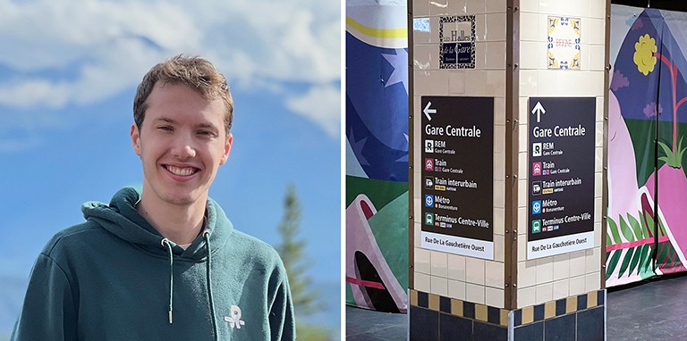 Diptych image of a young smiling man on the left and subway signage on the right.