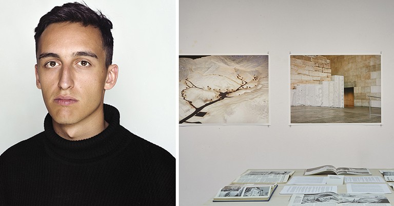 Diptych image of a young man with short, dark hair on the left, and on the right, artwork in a gallery space.