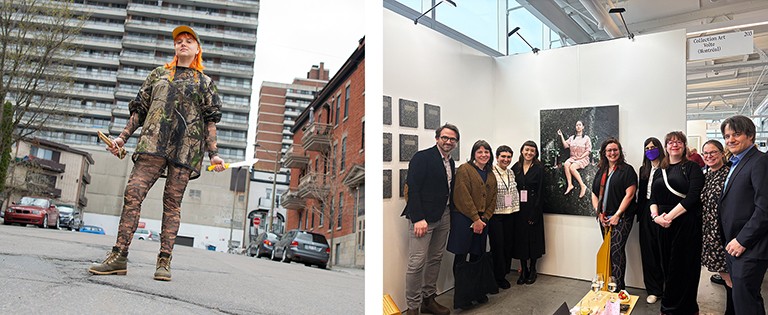 Diptych image of a young woman on a city street and people standing in front of an artwork at an exhibition