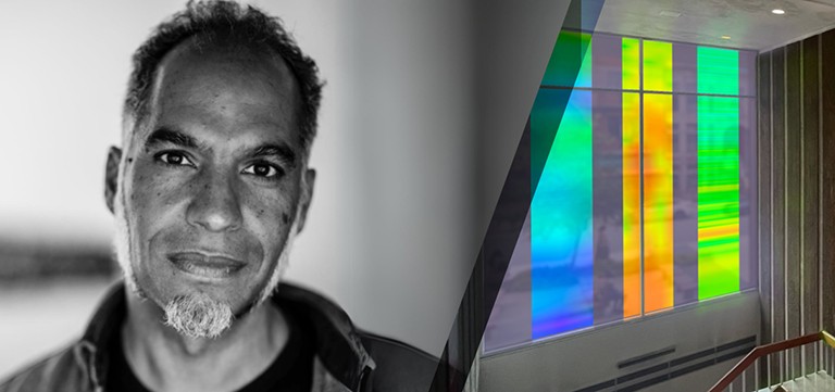 Diptych image with a man on the left and a public artwork in an interior atrium on the right.