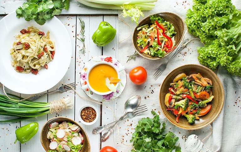 Food set out on a white table