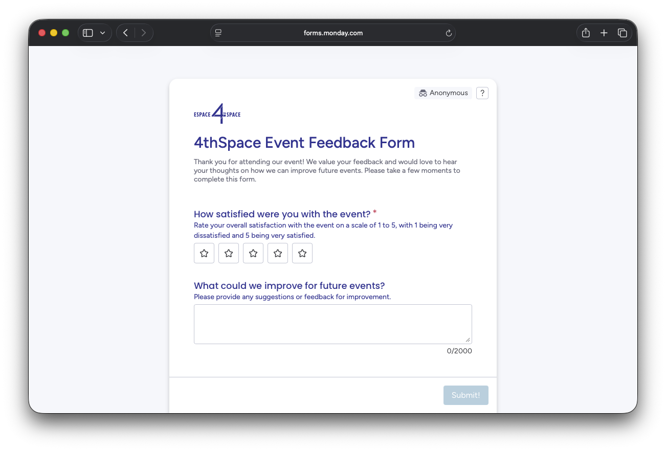 feedback 4thspace screengrab of the feedback form