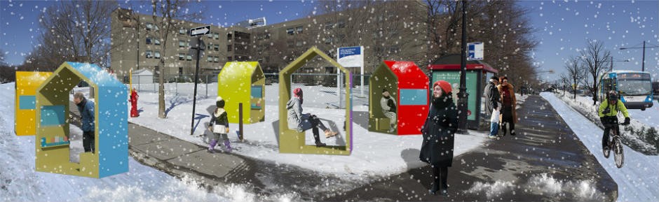 The winning project by by César Cruz-Merino and Carlos Cruz-Merino of Canada, for the “More Than Waiting For The Bus” design competition organized by CoLLaboratoire, an initiative directed by Carmela Cucuzzella.