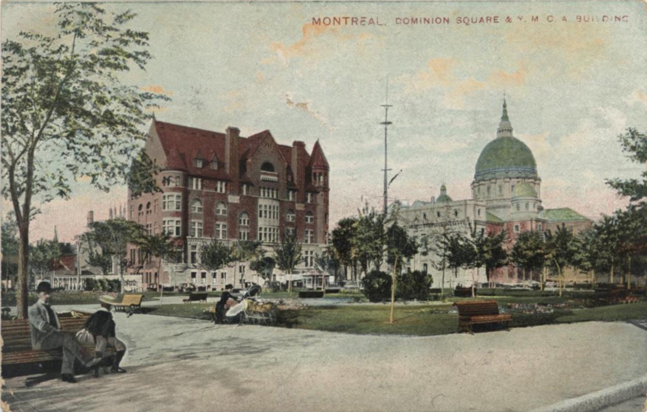Colour postcard of YMCA Building, Dominion Square