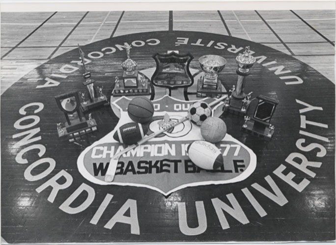 Crest of 1977 championship winner Concordia University women's basketball team at middle court