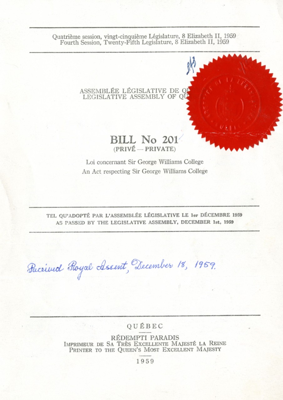 SGW College did not change its name until the 1959 charter amendment that changed the name to Sir George Williams University. 