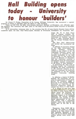 Article about the Hall Building inauguration from The Georgian, October 14, 1966