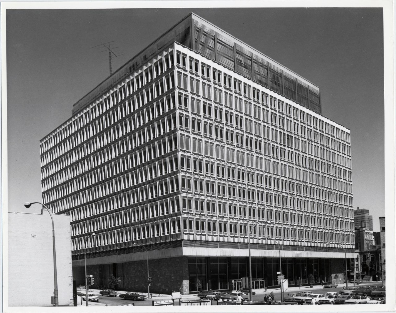 Black and white image of a completed Hall Building
