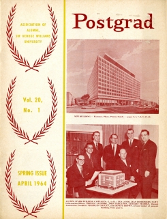 View of the hall building and a photo of the engineers with a small-scale model of the Hall building from Postgrad, 1964