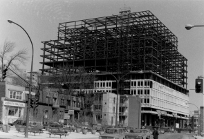 Construction of the Hall building showing the internal metal frames of the building
