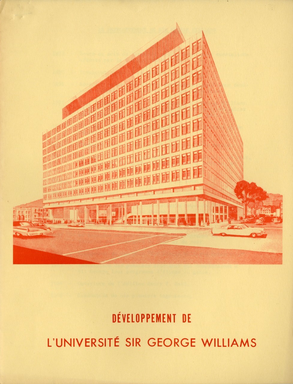 Cover of a document in French about the development of Sir George Williams University, with Hall Building included
