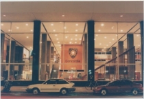 Outside of the Hall Building with view of the lobby through the windows