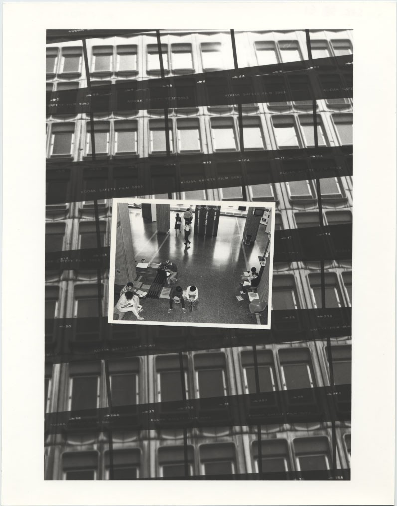 Two images within each other, one of the Hall Building exterior glass, the other of inside the Hall Building main lobby