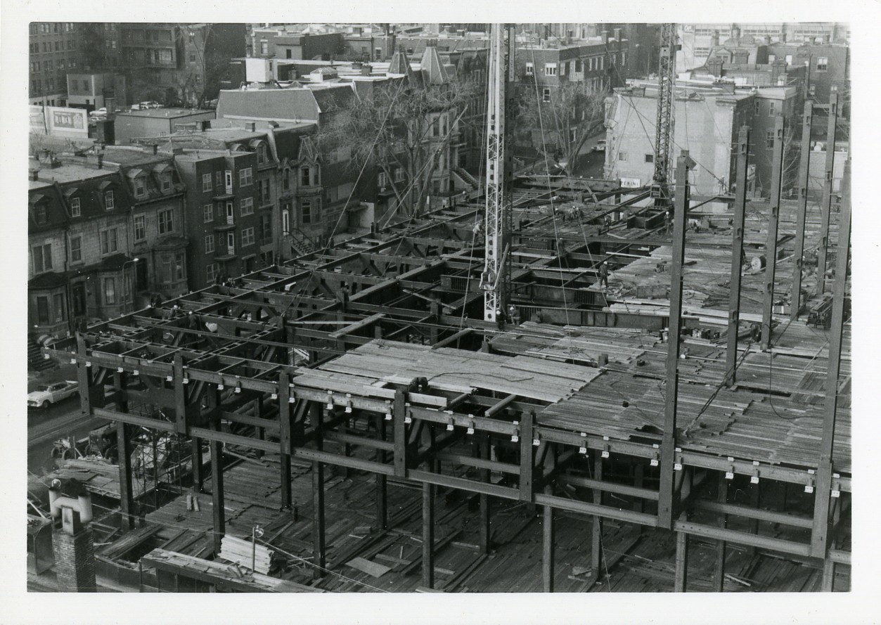 View of scaffolding during construction of the Hall building