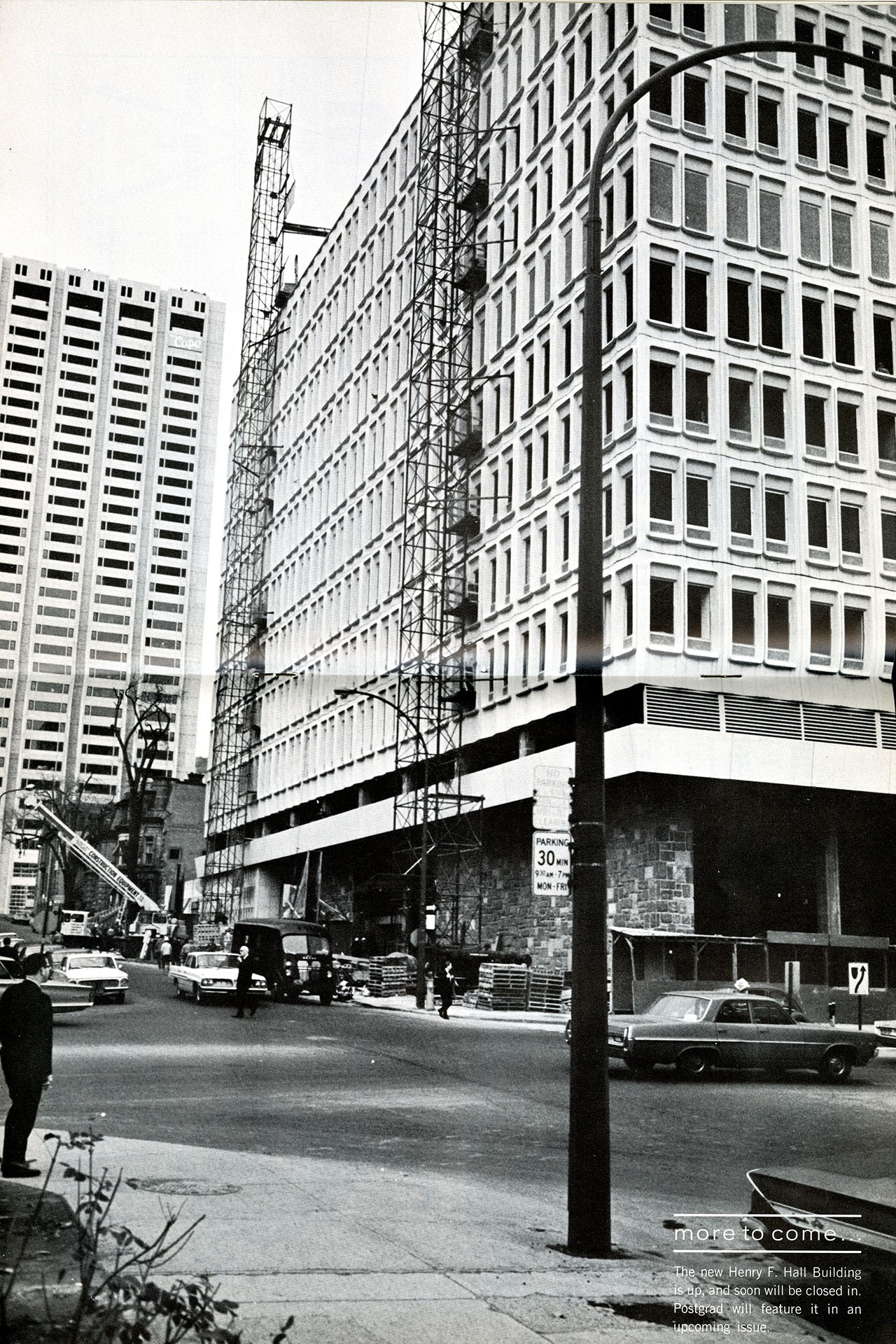 Nearly finished construction of the Hall building from Postgrad in 1965
