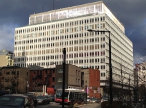 View of the Hall Building with much smaller buildings in front of it