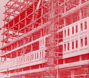 View of the scaffolding from Hall building under construction