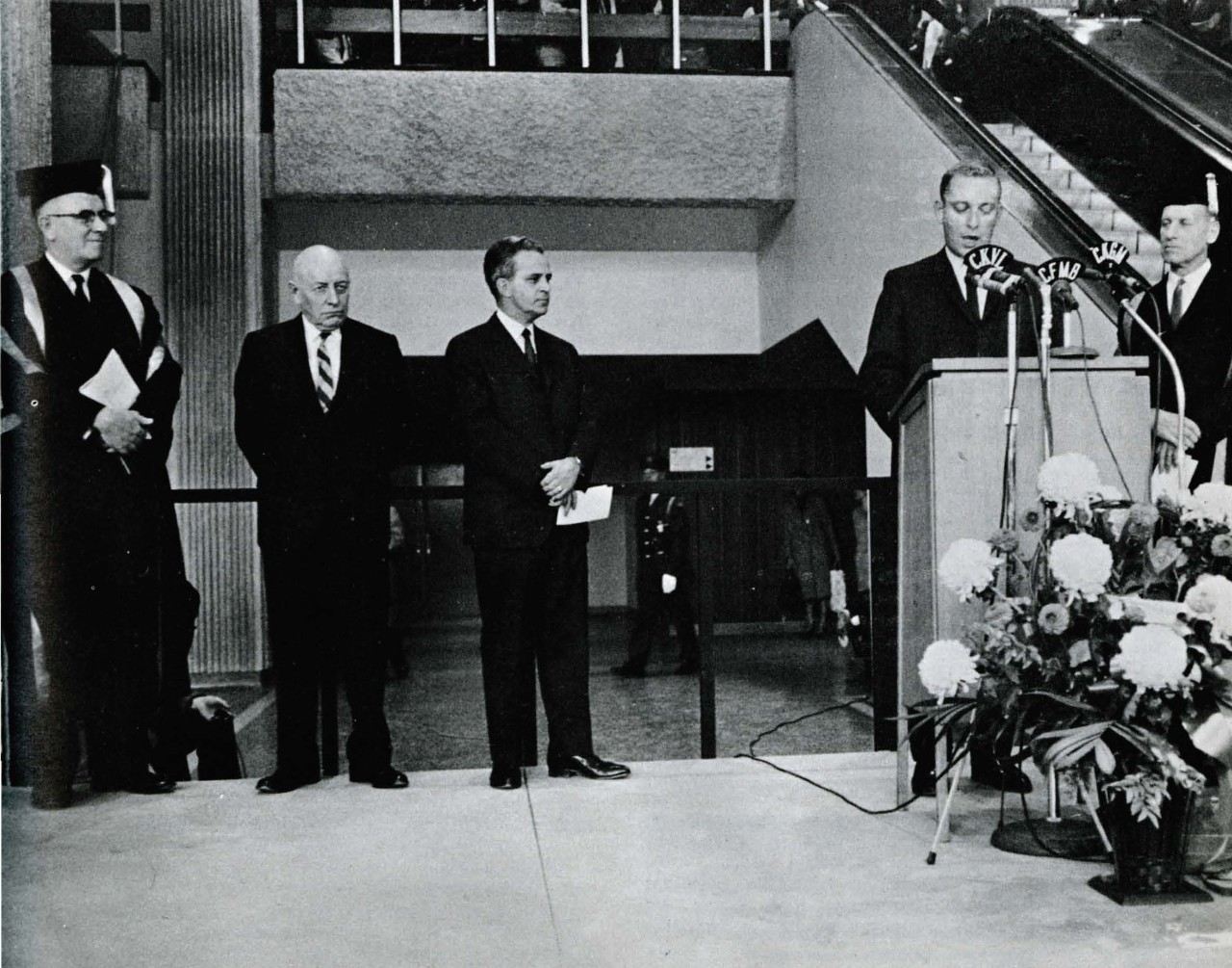 Robert C. Rae, Principal, Henry F. Hall, the Hon. Jean-Jacques Bertrand, Richard G. Thompson, President of the Association of Alumni, and Fraser Fulton at the Hall Building Inauguration, 1966