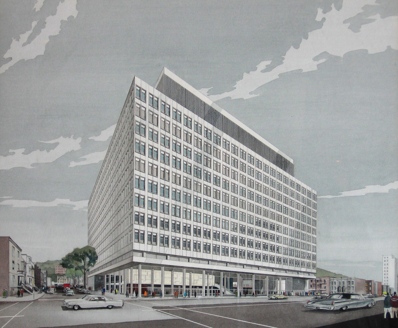 Architect's drawing of the Hall Building