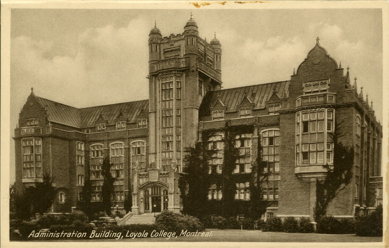 Old black and white photo of the Administration building on Loyola campus