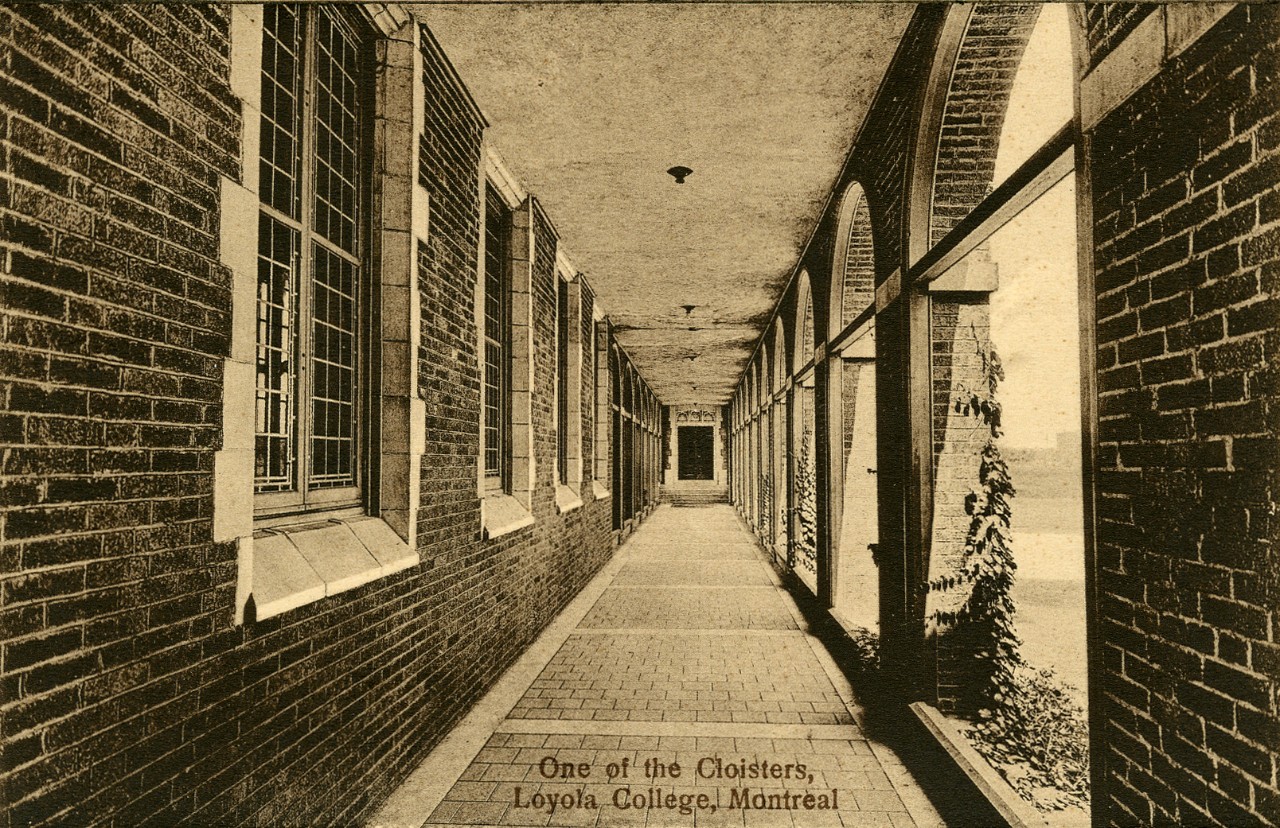 Old black and white photo of one of the Cloisters in Loyola College