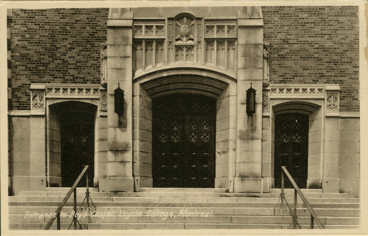 Old black and white photo of the entrance of the Boy's Chapel, Loyola College